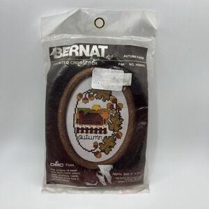 Vintage Bernat Autumn Farm Cross Stitch Kit 1986 Fall Harvest DMC Floss NIP‎